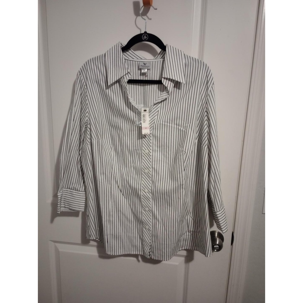 NWT Worthington Woman Stretch 2X White Black Pinstripe Button Down Shirt Blouse